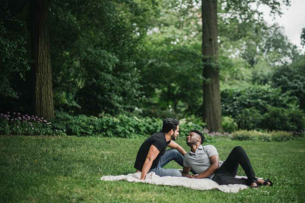 A couple reclining on a picnic planet in a park